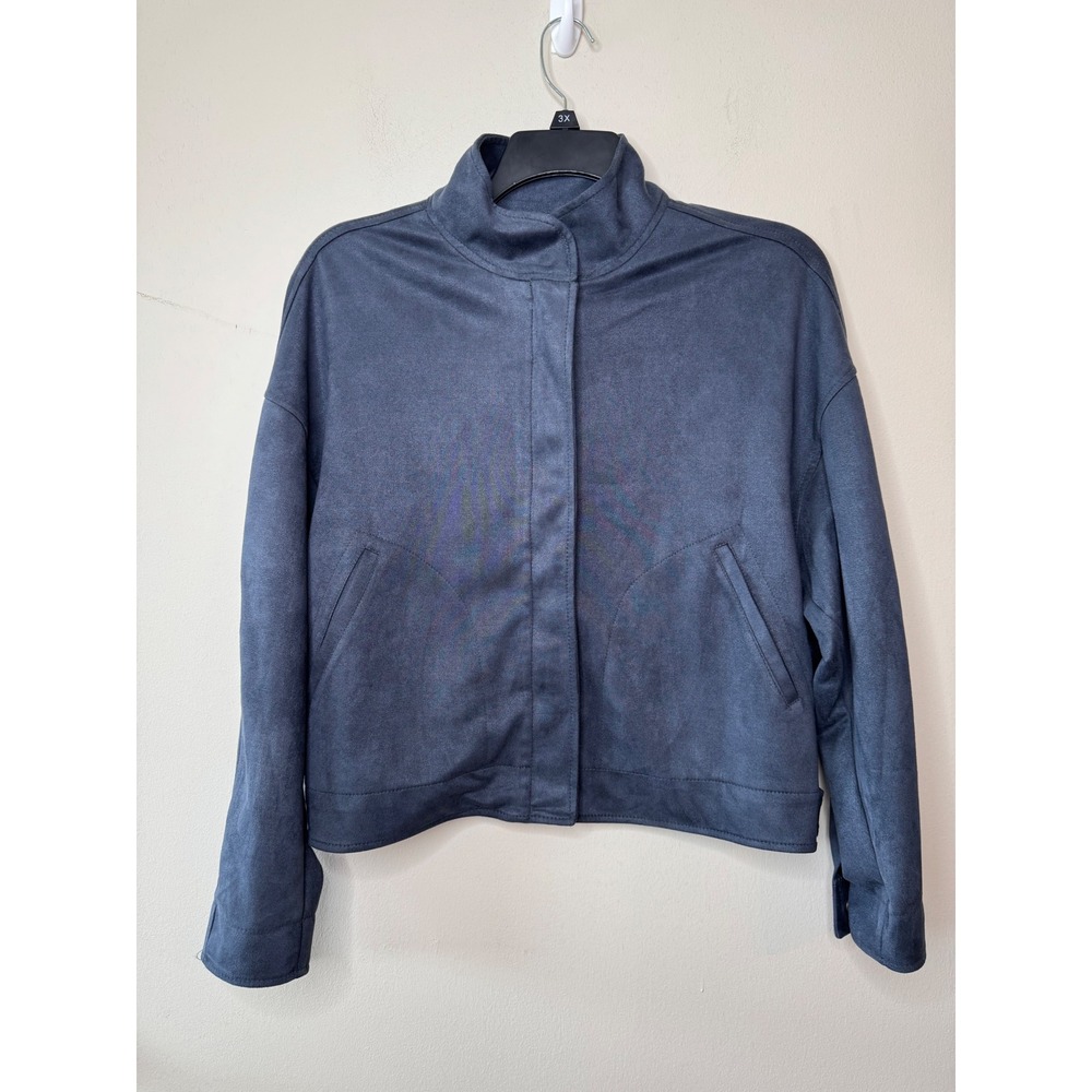 Max Studio London Faux Suede Jacket Dusk Blue Mock Neck Cropped
